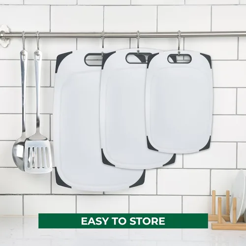 Miniatura 9 de Freshware Tablas de cortar para cocina, paquete de 3 tablas de cortar con diferentes tamaños, ranuras para jugos y asas antideslizantes, reversible