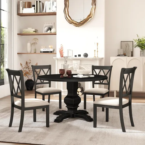 Roundhill Furniture Havre - Juego de comedor de 5 piezas, mesa redonda de pedestal con 4 sillas elegantes, color negro