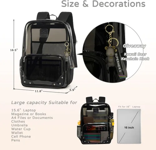 Miniatura 6 de Caoroky knight Mochila transparente resistente y transparente para laptop de 15.6 pulgadas, bolsa de viaje de TPU transparente para mujeres, Negro