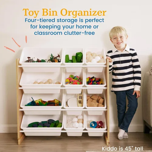 Miniatura 4 de ECR4Kids Organizador de 4 niveles con 12 cajones, para almacenamiento de juguetes, color natural oscuro/blanco