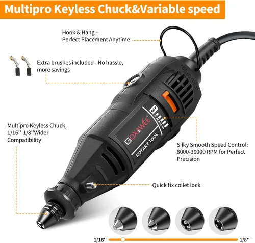 Miniatura 3 de GOXAWEE Kit de herramientas rotativas con portabrocas sin llave MultiPro y eje flexible, 140 piezas, accesorios de velocidad variable, juego de Negro