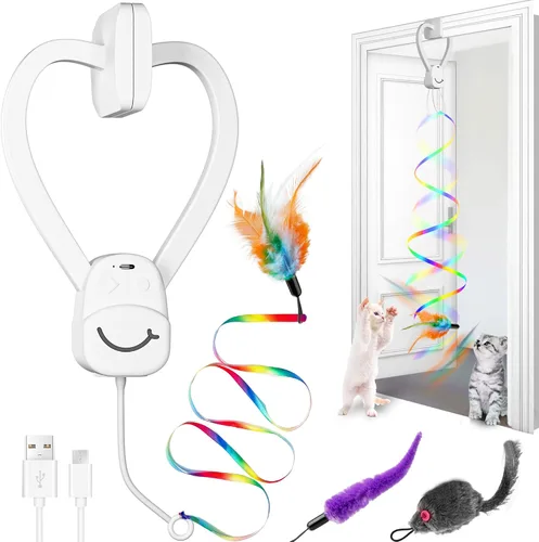 Juguetes interactivos para gatos de interior, juguete de plumas para puerta colgante automática, ratón y varita de cinta, recargable por USB, Blanco