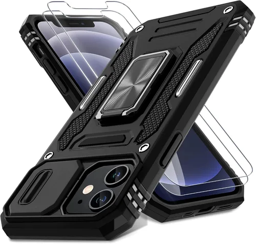 DEERLAMN Funda para iPhone 12/12 Pro con cubierta deslizante para cámara + protector de pantalla (2 unidades), soporte de anillo giratorio de grado