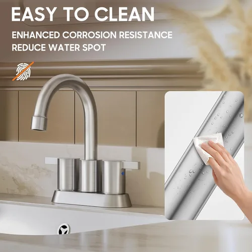 Miniatura 5 de Phiestina Grifo de Lavabo de Baño de Níquel Cepillado de 4 Pulgadas con 2 Manijas Centerset Sin Plomo, con Desagüe Emergente de Cobre y Líneas