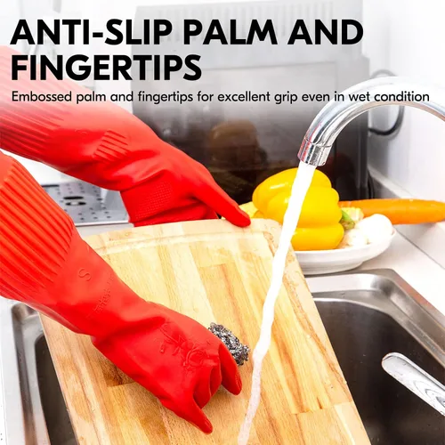 Miniatura 4 de Vgo - 1 par de guantes para lavar platos, guantes reutilizables para el hogar, guantes de cocina, manga larga, látex grueso, limpieza, lavado