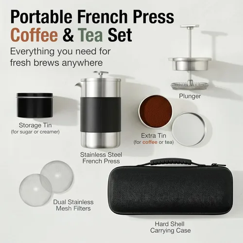 Miniatura 3 de Juego de cafetera de prensa francesa para camping, 12 onzas, cafetera de prensa francesa portátil de viaje, aislamiento de doble pared con filtros
