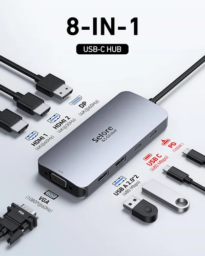 Miniatura 2 de Estación de acoplamiento USB C con adaptador de monitor dual HDMI, Selore USB C Hub para 3 monitores con dual HDMI, DisplayPort, VGA, carga PD