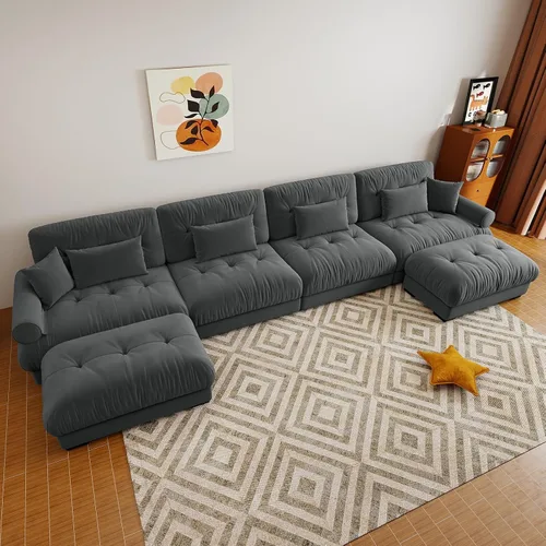 Miniatura 28 de Sofá modular de gran tamaño de 94 pulgadas, sofás seccionales grandes de color beige y blanco para sala de estar, juego de sofá de terciopelo, sofás