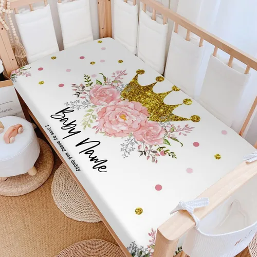Sábanas personalizadas para cuna para bebé niño y niña, diseño de flor de corona dorada, sábana bajera unisex para cuna para niño, suave como la