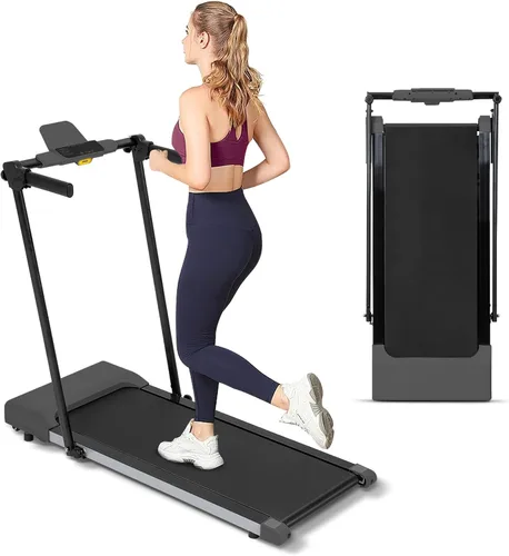Almohadilla para caminar con barra de asa, caminadora plegable para espacio pequeño, con asas, llave de seguridad, motor silencioso sin escobillas