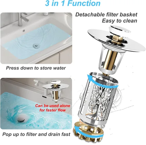 Miniatura 5 de BAOLSLS Tapón de drenaje para lavabo de baño, colador de drenaje para lavabo de baño con cesta recolectora de cabello emergente y extraíble