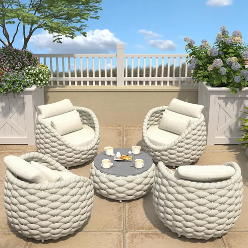 Miniatura 58 de TWT 3-Piece Woven Rope Patio Furniture Set, 2 Outdoor Armchairs with Soft Cushions + Round Aluminum Coffee Table, All-Weather Conversation Set for