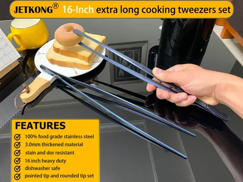 Miniatura 3 de Jetkong 2 pinzas de cocina extra largas de 40 cm, de acero inoxidable, para uso pesado, grandes pinzas para emplatar (color azul marino)