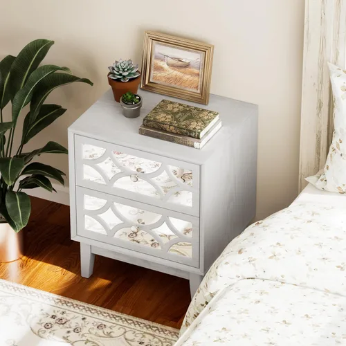 Miniatura 5 de COZAYH Moderna mesita de noche de 2 cajones con parte delantera espejada, elegante mesita de noche con patrón geométrico para dormitorio, gris claro