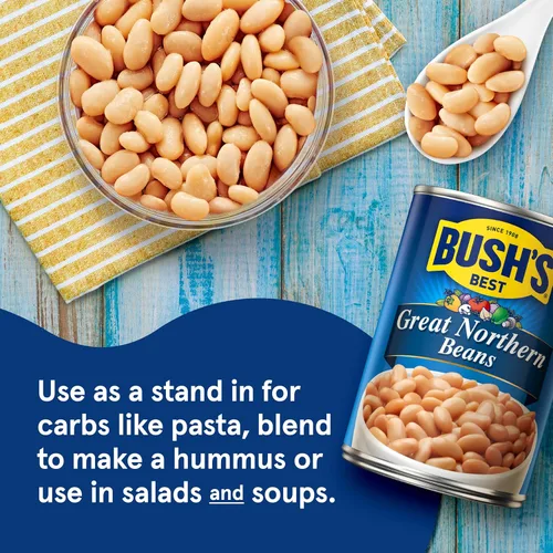 Miniatura 4 de BUSH'S BEST Frijoles enlatados Great Northern (paquete de 12), fuente de proteína y fibra a base de plantas, bajo en grasa, sin gluten, 15.8 onzas