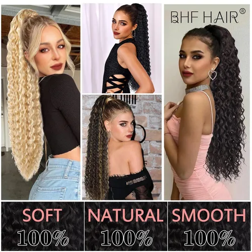 Miniatura 5 de Extensión de cola de caballo larga con cordón sintético de 26 pulgadas, moño rizado 4# Clip en extensión de pelo para mujer