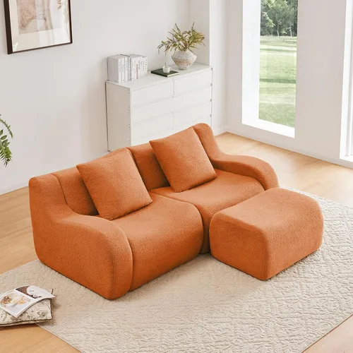 Miniatura 35 de Otomana de tela de peluche negra, moderno reposapiés modular sin hueso en una caja para sala de estar, cómodo diseño de asiento profundo,