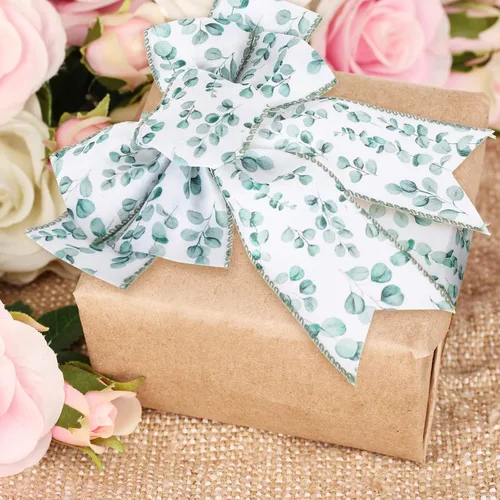 Miniatura 6 de AnyDesign 4 rollos de cinta de eucalipto con borde con alambre de 24 yardas, cinta decorativa de hojas verdes, cintas de tela para primavera