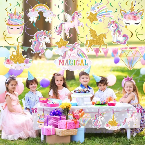 Miniatura 6 de Zonon 51 piezas de unicornio colgante de remolino, decoraciones de unicornio para fiesta de cumpleaños para niñas, suministros de fiesta