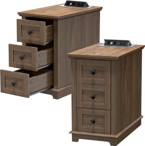 Miniatura 15 de HIFYOBRO - Mesa auxiliar con 3 cajones y estación de carga con tapa abatible, mesa auxiliar con almacenamiento, mesita de noche estrecha de madera