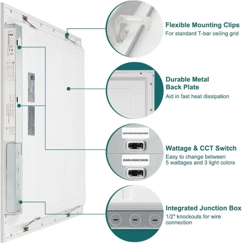 Miniatura 5 de kadision Luz LED de panel plano de 2 x 2, 50 W/45 W/40 W/30 W/25 W ajustable, 5000 K/4000 K/3500 K seleccionable, 5500LM 0-10V luces de techo