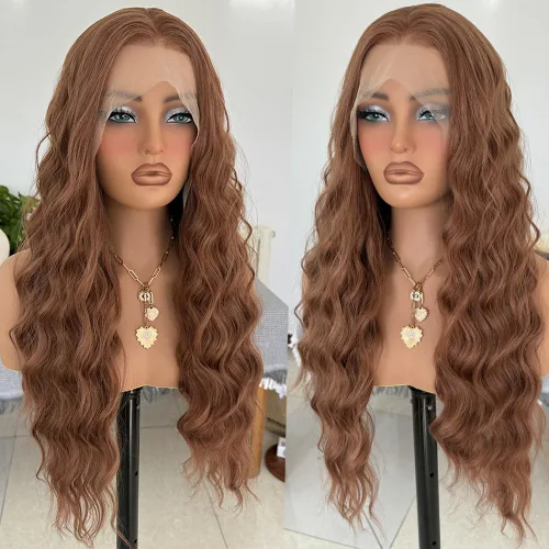 Miniatura 2 de RONGDUOYI Pelucas de encaje frontal sintético marrón 30 para mujer, 13 x 4, peluca larga de onda profunda, raya en medio, línea capilar natural, uso