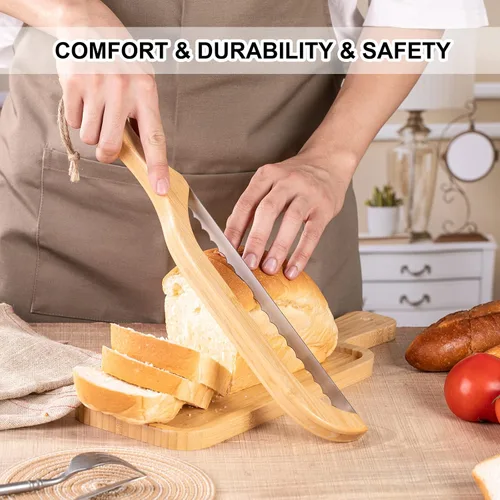 Miniatura 3 de Cortador de pan de arco premium, cuchillo de pan de masa madre con mango de bambú de 15.6 pulgadas, hoja dentada de acero inoxidable de grado