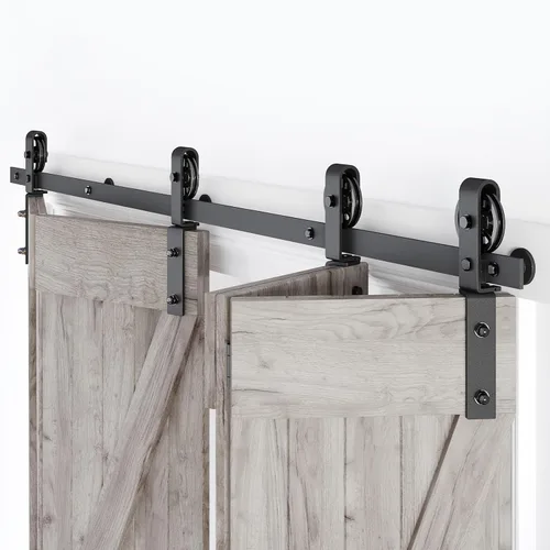 Miniatura 10 de Kit de riel de herrajes para puerta corrediza de granero plegable de 70 pulgadas, rodillo en forma de J negro montado en el lateral, suave y Negro-J