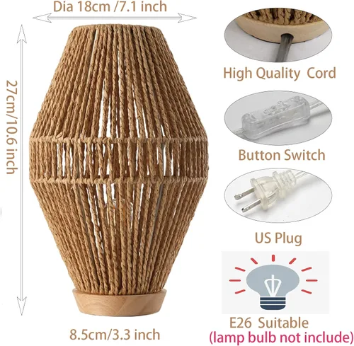Miniatura 2 de Lámparas de mesa boho para dormitorio y sala de estar - Pequeñas linternas de canasta tejida natural con pantallas de cuerda de papel