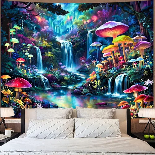 Miniatura 19 de Zussun Tapiz de hongo rojo, tapices de luna y estrella para dormitorio, estética de color beige, noche estrellada, planta verde, tapiz de pared