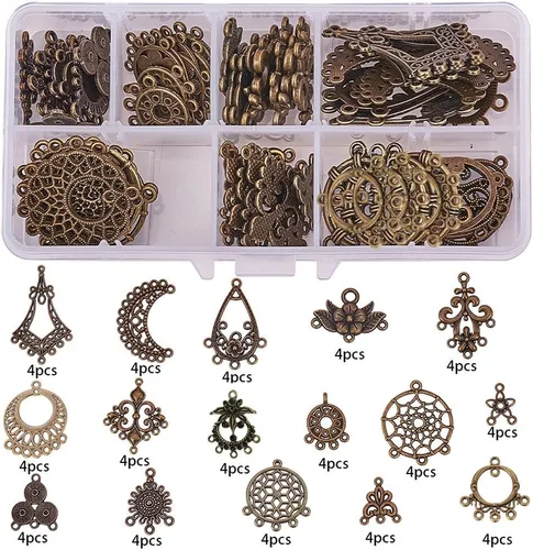 Miniatura 2 de SUNNYCLUE 1 caja de 64 piezas surtidas de lámparas de araña, estilo tibetano, bronce antiguo, atrapasueños, aretes, hallazgos, bucles, conectores