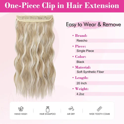 Miniatura 7 de REECHO Extensiones de cabello rubio, extensiones de una pieza con clip de 20" para mujer, extensiones de cabello sintético suave y natural con ondas