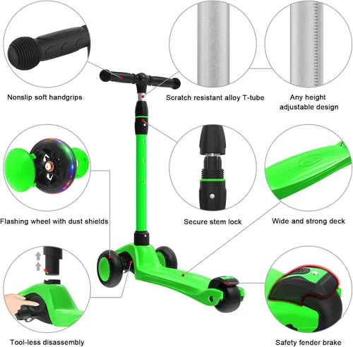 Miniatura 2 de Allek - Kick Scooter B03. Monopatín de 3 ruedas de Poliuretano iluminadas, extra anchas con sistema inclinable y deslizante (Lean 'N Glide), Verde