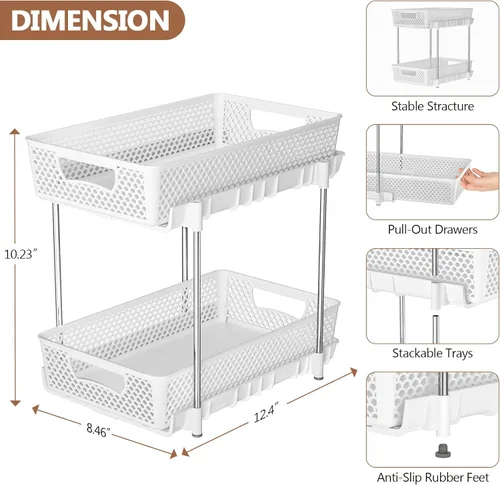 Miniatura 2 de DABIGE Paquete de 2 organizadores de baño extraíbles y almacenamiento, organizador de almacenamiento apilable de 2 niveles para baño, gabinete