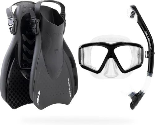 Cressi Traveler Set - Adult Snorkel Set Wide View Mask, Dry Top Snorkel and Fins - Comfortable and Light - Designed in Italy Negro / transparente