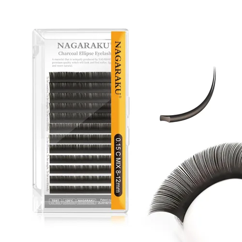NAGARAKU Extensiones de pestañas de elipse planas de doble punta, 0.15, rizo C, 0.315-0.472 in, mezcla de color carbón natural, visón sintético,