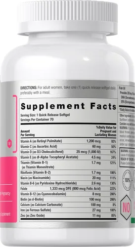 Miniatura 2 de Horbäach Multivitamínico prenatal para mujer con DHA, hierro y ácido fólico, 70 cápsulas blandas, sin OMG y sin gluten