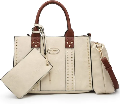 Miniatura 20 de Dasein - Bolsos y carteras de mano para mujer, set de bolso tipo bandolera con asa superior, 3 piezas Beige monograma