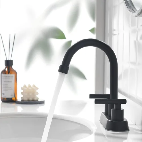 Miniatura 5 de Grifos de baño negros, grifo de lavabo de baño de 2 asas, grifo de lavabo de baño central de 4 pulgadas con drenaje desplegable y líneas de Negro