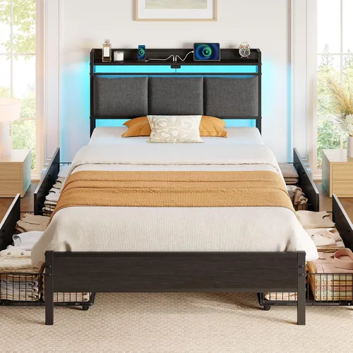 Miniatura 16 de Rolanstar Armazón de cama tamaño completo con estación de carga y luces LED, cabecera de almacenamiento tapizada con cajones, listones de metal