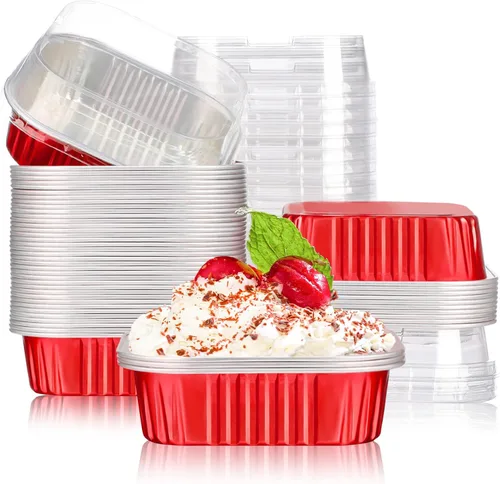 Miniatura 8 de EUSOAR Mini moldes para tartas con tapas, 12.3 onzas, 12.2 fl oz, 50 unidades cuadradas de aluminio para cupcakes con tapas, papel de aluminio