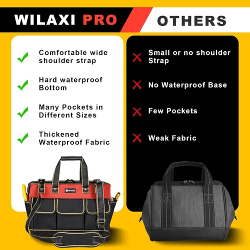 Miniatura 6 de Bolsa de herramientas portátil de 20 pulgadas para hombres con base moldeada impermeable, bolsa de herramientas de gran capacidad y boca ancha, Rojo