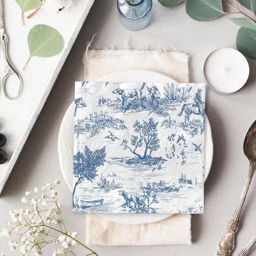 Miniatura 5 de AnyDesign 80 servilletas de papel azul y blanco clásicas con estampado de pueblo francés, servilletas desechables rústicas decorativas para cena