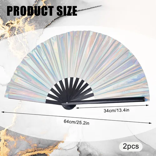 Miniatura 2 de 2 abanicos de mano plegables holográficos, grandes abanicos iridiscentes con varillas de bambú para hombres y mujeres, ventilador decorativo de mano