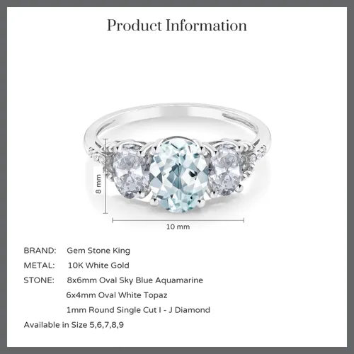 Miniatura 4 de Gem Stone King Anillo de compromiso de oro blanco de 10 quilates con topacio blanco aguamarina y diamante con acento de 3 piedras para mujer