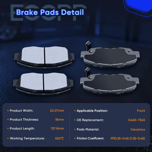 Miniatura 4 de Pastillas de freno, ECCPP D465 D537 8 piezas de kits de freno de cerámica aptos para 1997 1998 1999 para Acura CL, 1991-1997 para Honda para Accord