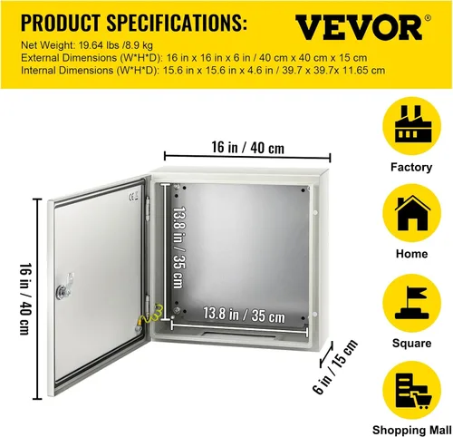 Miniatura 7 de VEVOR NEMA - Caja de acero de 16 x 16 x 6'', caja eléctrica de acero NEMA 4X, IP66 impermeable y a prueba de polvo, caja de conexiones eléctricas
