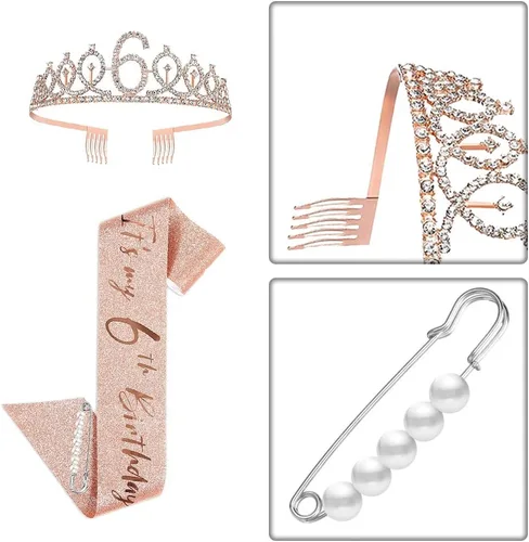 Miniatura 4 de Juego de banda y tiara de 6º cumpleaños, corona de banda de cumpleaños de oro rosa, suministros para fiesta de cumpleaños