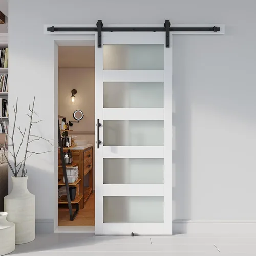 Miniatura 6 de Puerta de granero de vidrio de 32 x 84 pulgadas y kit de herrajes de 6 pies incluido, losa de puerta de granero blanco MDF con vidrio esmerilado