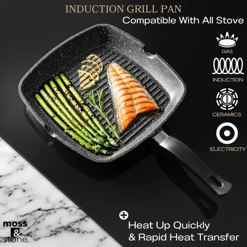 Miniatura 2 de Moss & Stone Sartén Parrilla Antiadherente de Aluminio para Estufas, Sartén Parrilla Versátil con Picos Vertedores, Sartén Parrilla Cuadrada de 11